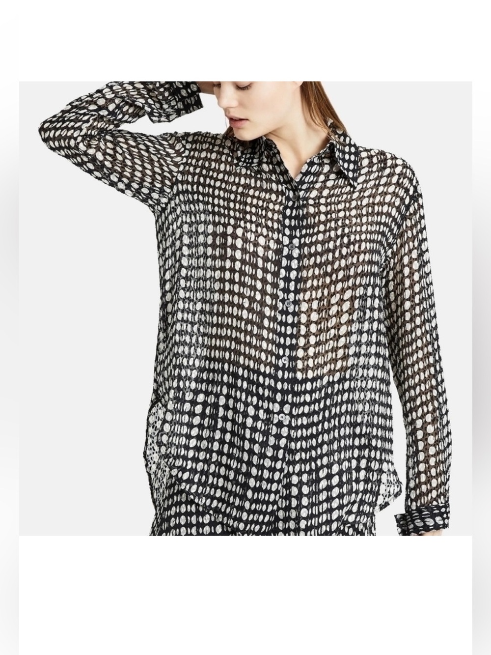 Theory Black & White Oval-Print Weekender Sheer Button-Down Blouse